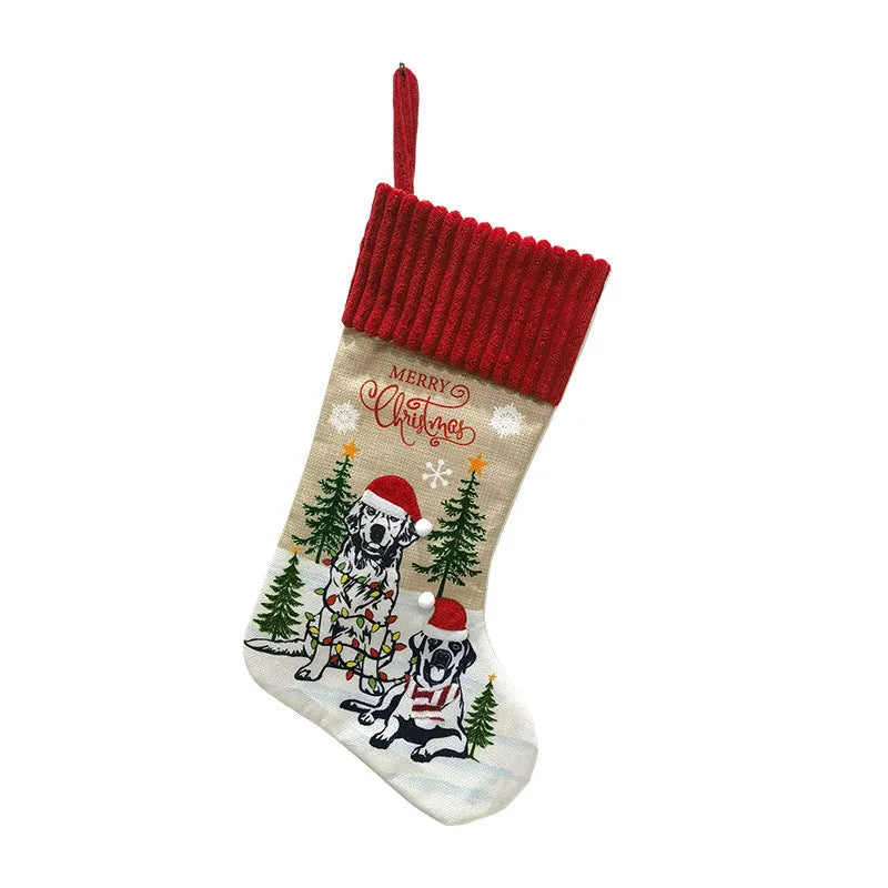 Cloth Christmas gift bag pendant hanging from fireplace measuring 46x28cm in holiday decor setting
