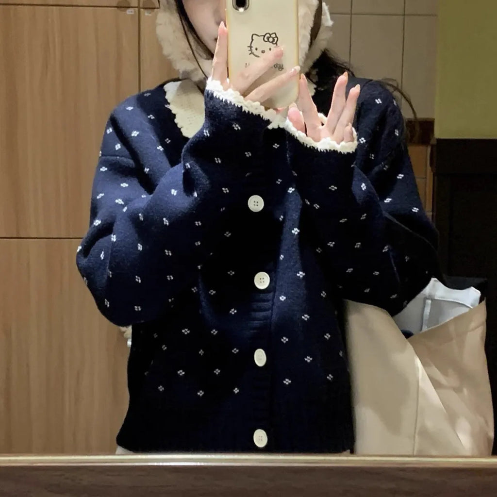 Women's knitted cardigan coat with Peter Pan collar in navy blue, apricot, or grey colours