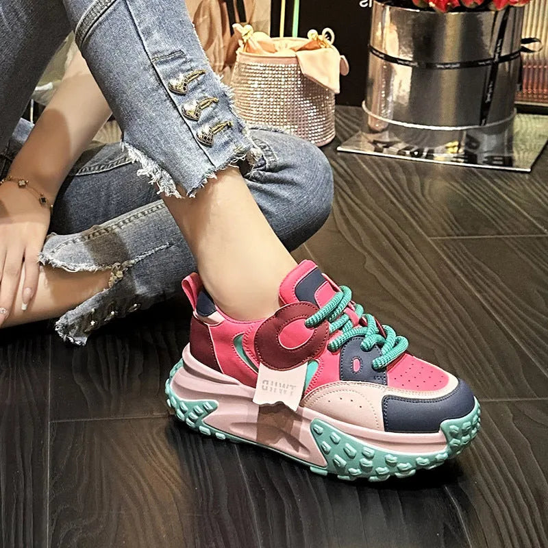 Women's leather casual shoes with thick wedge soles and front lace-up in multiple colour options.