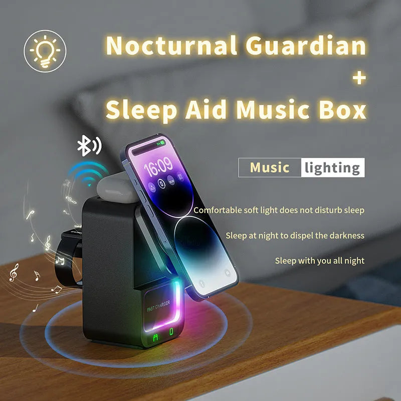 White 5-in-1 Bluetooth speaker wireless charger with magnetic charging support and QC3.0 fast charging