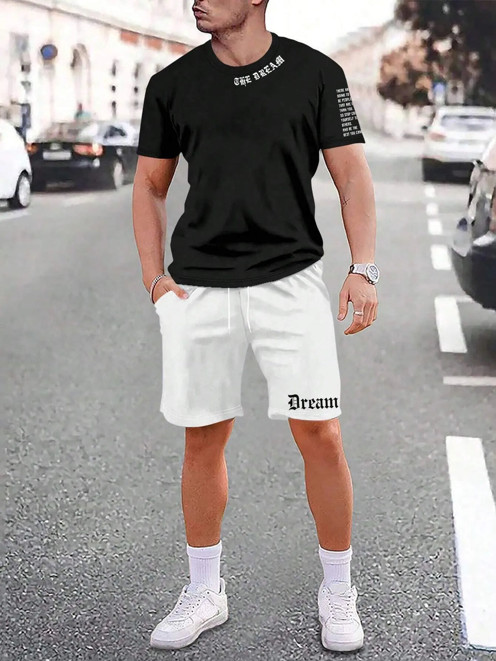 Sports style short sleeve top and shorts set in thin quick-drying fabric, shown in a printed pattern.