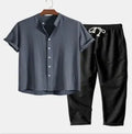 Men's green floral print polyester shirt suit cardigan with matching trousers in slim fit