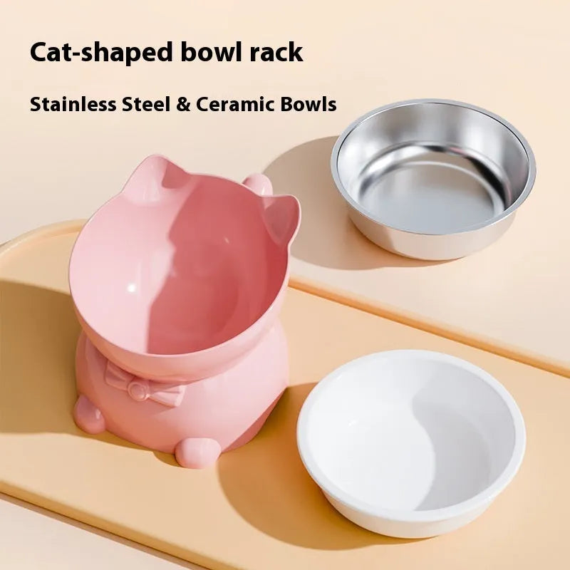Stainless steel anti-fall oblique cat bowl in black, blue, pink and yellow colour options