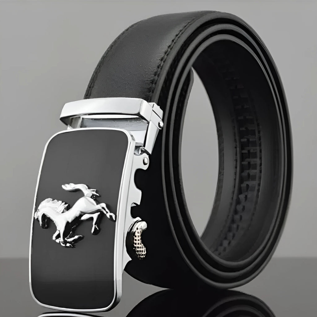 Men's black leather automatic buckle belt with a chrome buckle, showing the push-through fastening mechanism.