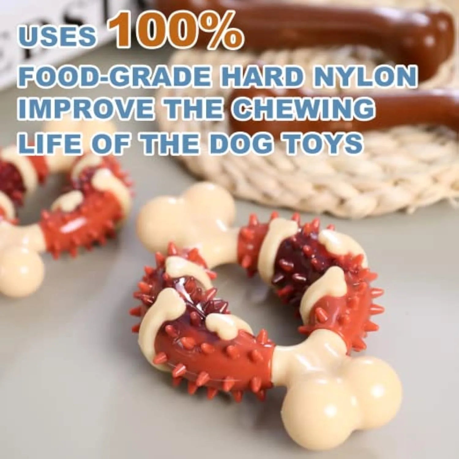 Natural rubber bone-shaped dog dental chew toy in two sizes for teeth grinding