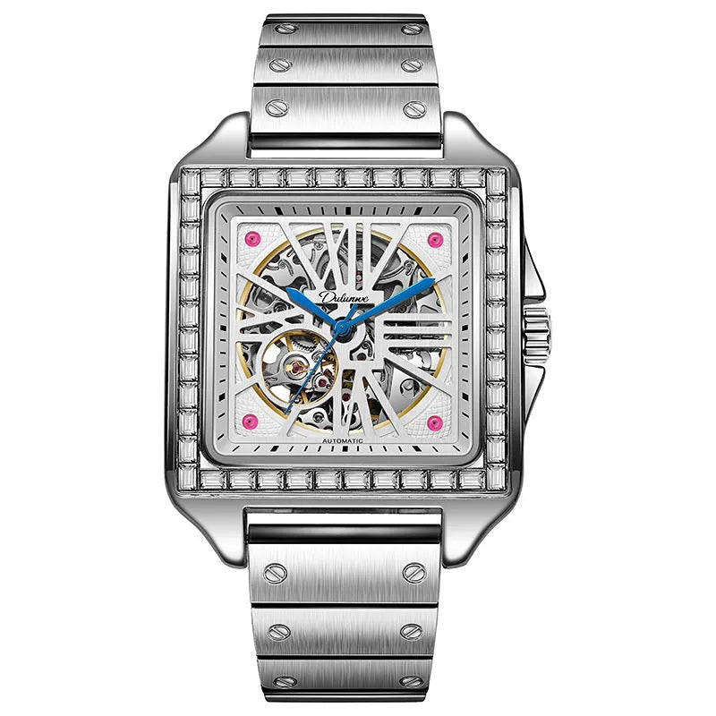 Men's square automatic watch with diamond-studded design on black leather strap