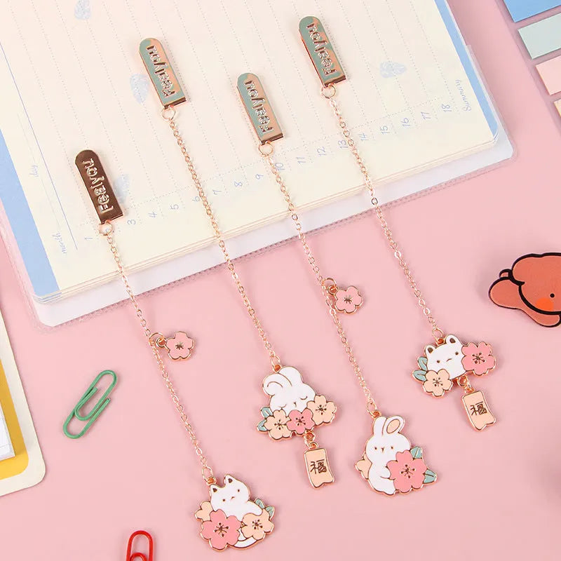 Cute cartoon metal pendant bookmark with cherry cat and sakura bunny designs