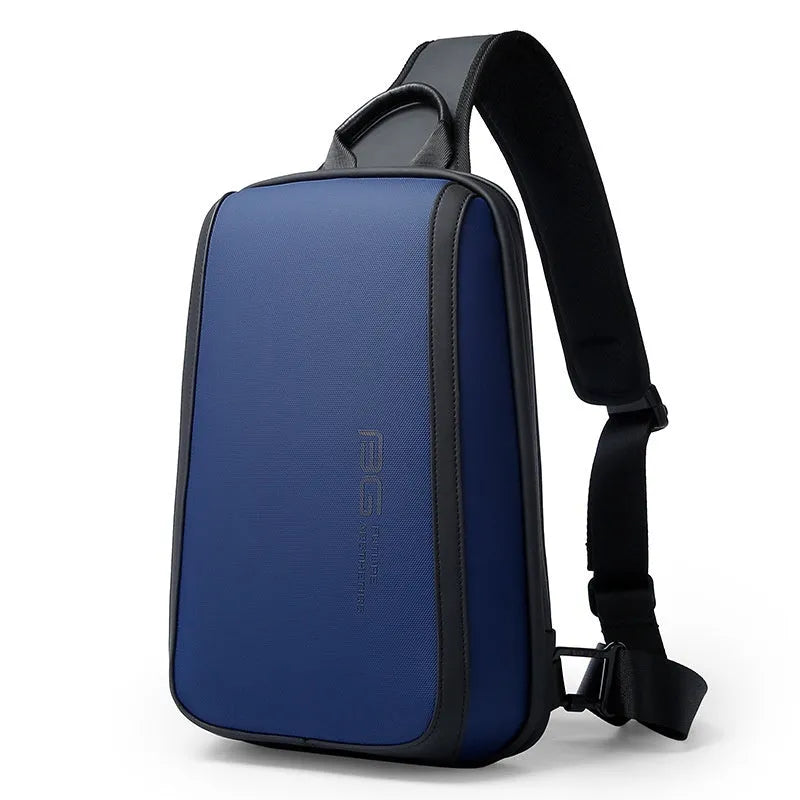 Blue oxford cloth chest bag for men with shoulder straps, showing front pocket and handle.