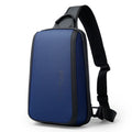 Blue oxford cloth chest bag for men with shoulder straps, showing front pocket and handle.