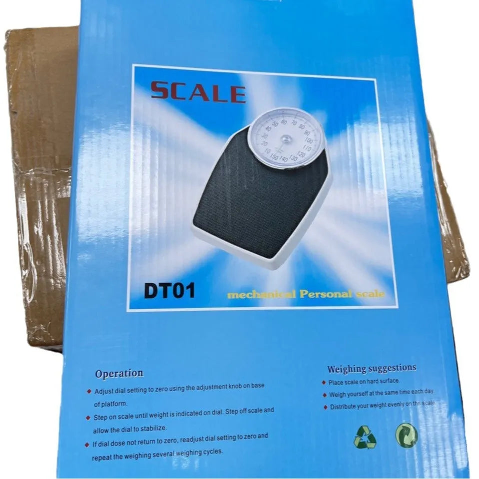 Black mechanical pointer body weight scale with large dial on a 47x35x11cm platform.