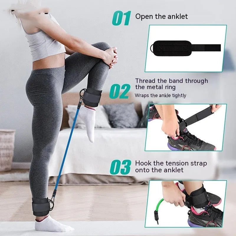 TPE yoga fitness ankle tension resistance band set with foot loops and storage bag