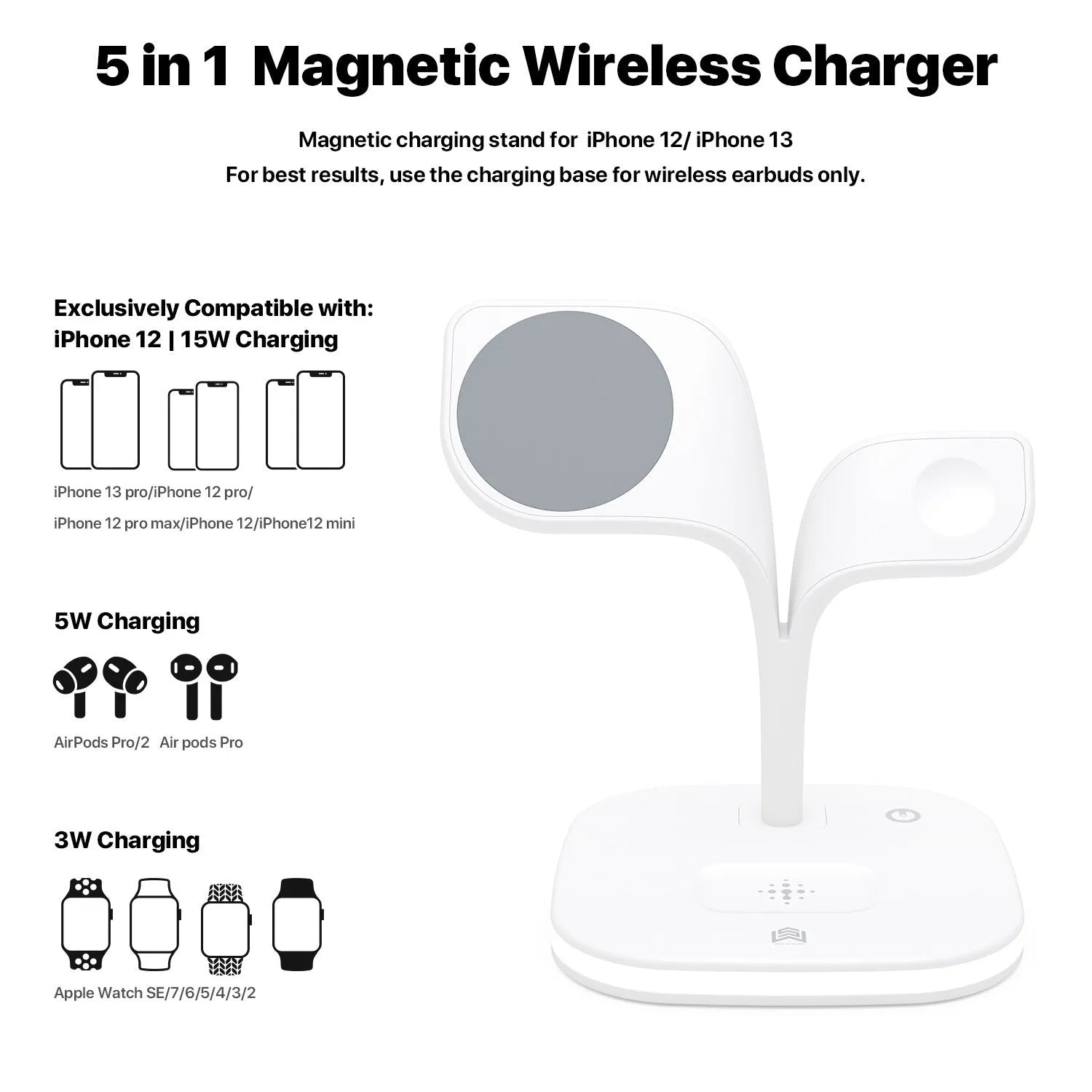 Black 3-in-1 desktop wireless charging stand showing phone, watch, and headphones charging simultaneously.