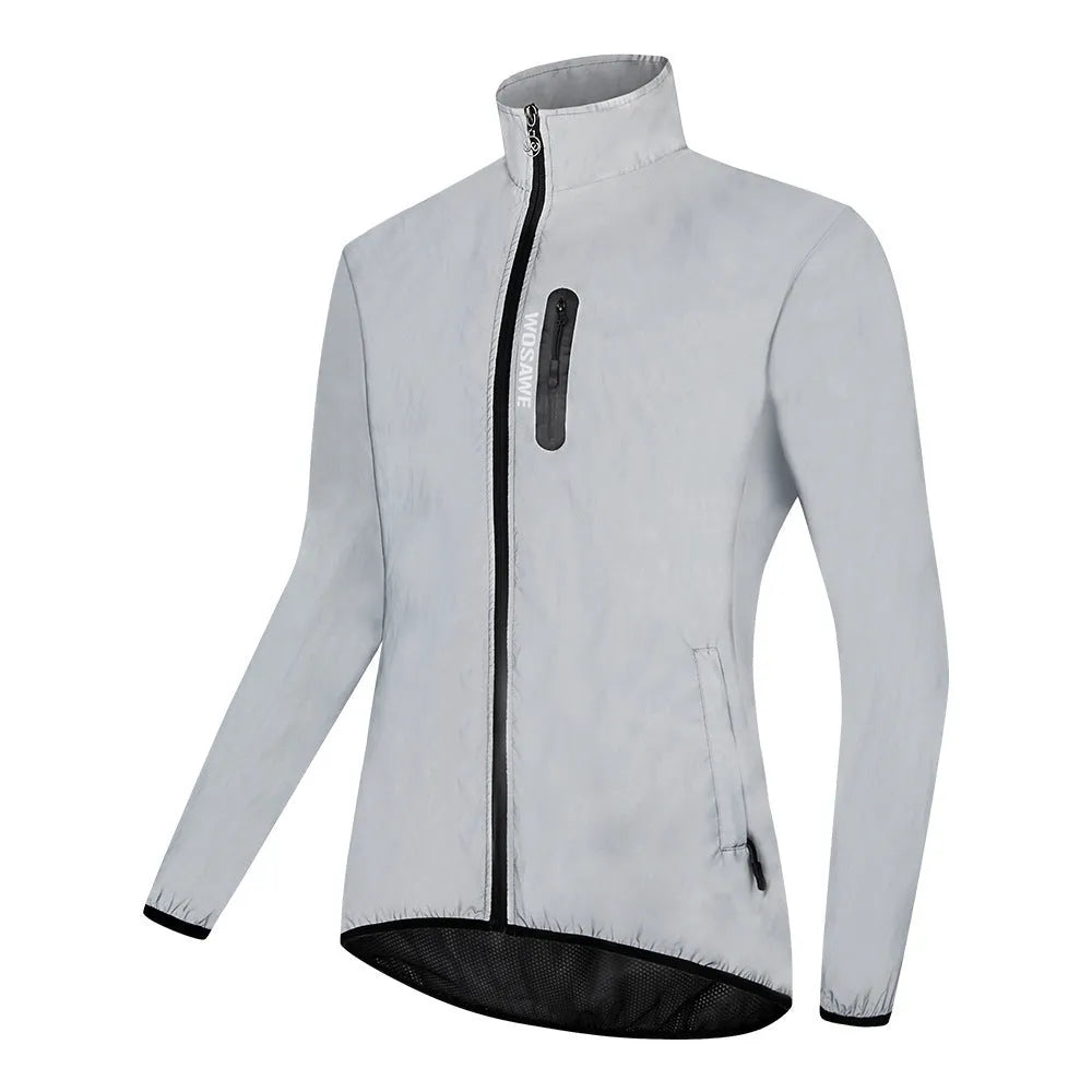 Silver coloured waterproof polyester long sleeve jacket for men on a hanger.