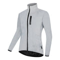 Silver coloured waterproof polyester long sleeve jacket for men on a hanger.