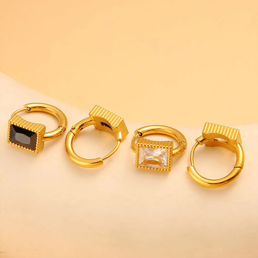 Square geometric zircon earrings in stainless steel with electroplated white, black, or green finish
