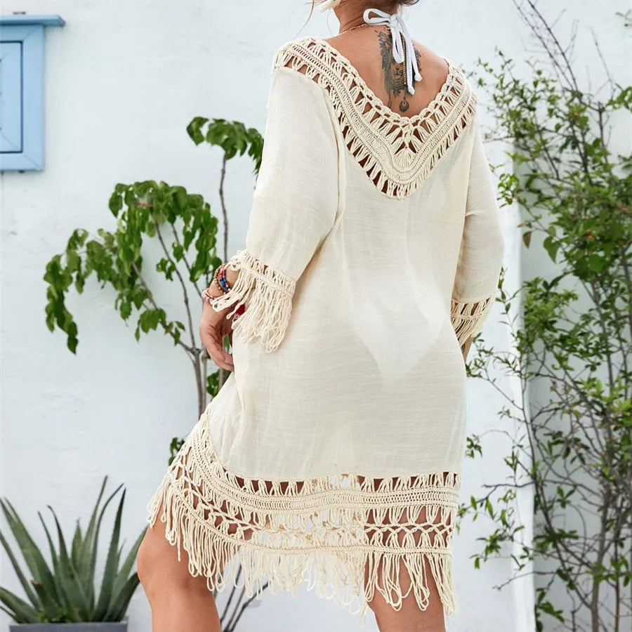 Apricot women's crochet knit patchwork beach dress with mid-length skirt and half sleeves
