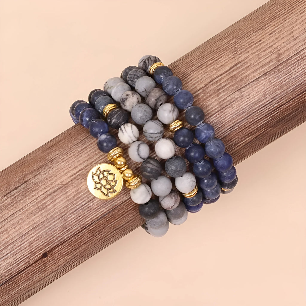 Blue patterned network stone bead multi layer bracelet with alloy components in fresh sweet style