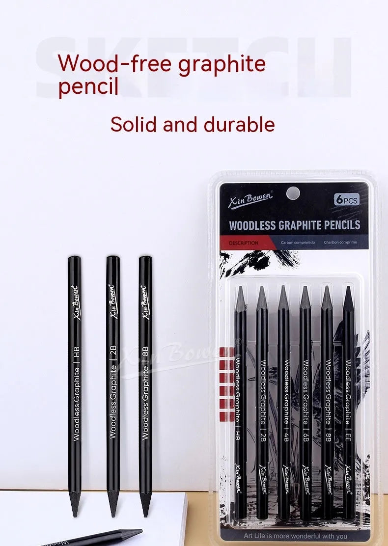 Set of six wood-free graphite sketching pencils showing HB, 2B, 4B, 6B, 8B and EE grades
