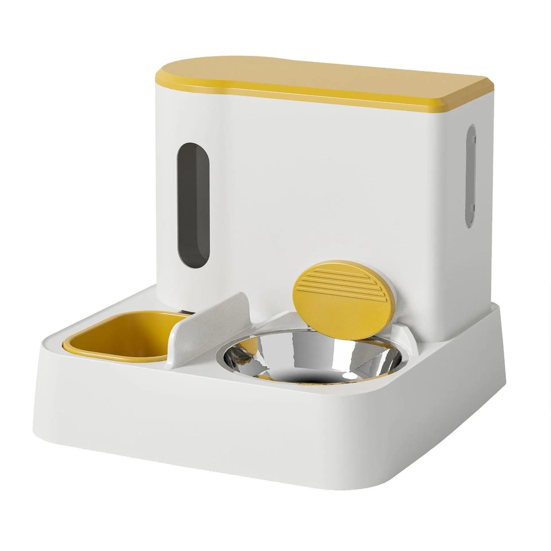 Cat automatic feeder water dispenser with integrated double bowl system in grey, yellow or green