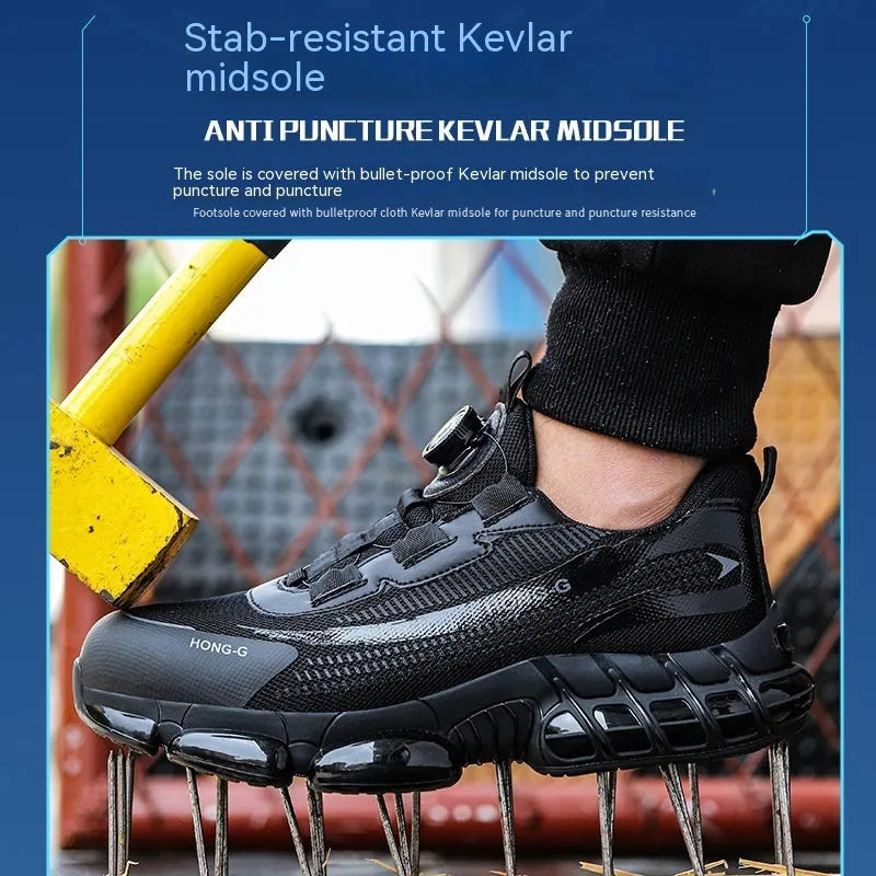 Low-top black safety work shoes with laces, a steel toe cap, and an anti-puncture sole.