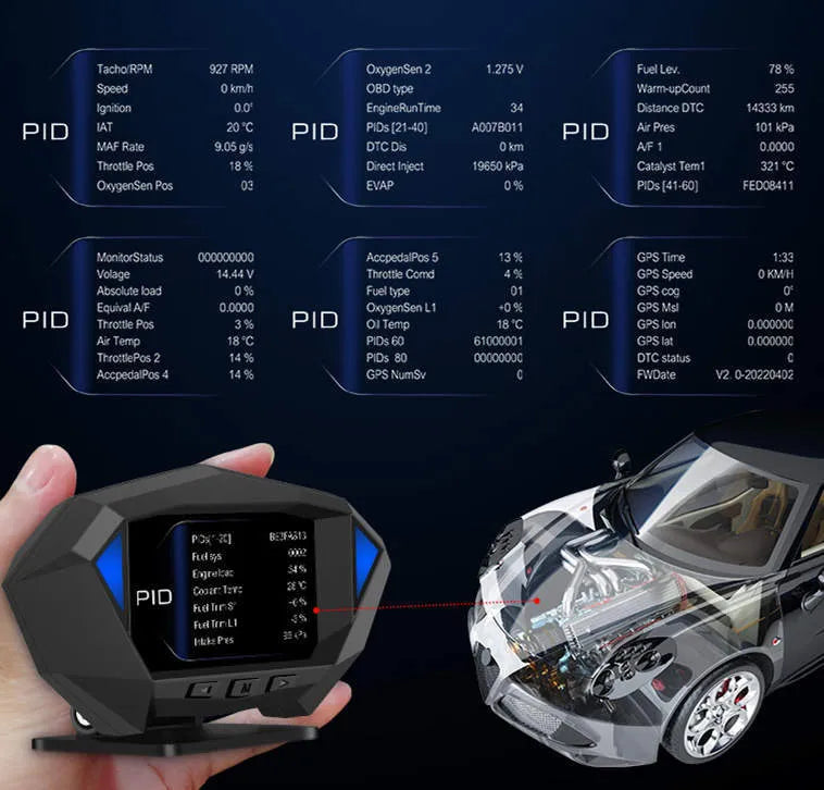 Black P1 model vehicle head-up display unit with LCD screen, measuring 147mm wide.