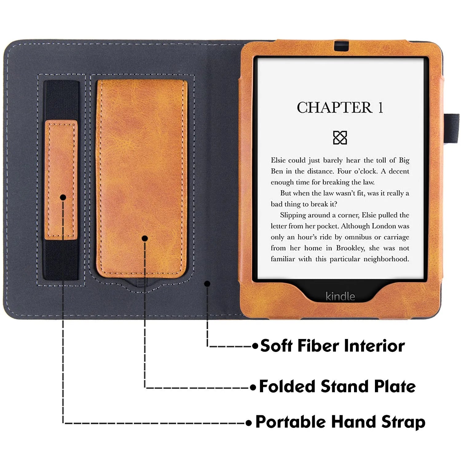 Brown calfskin leather case with wrist strap for Kindle Paperwhite 11 e-reader.
