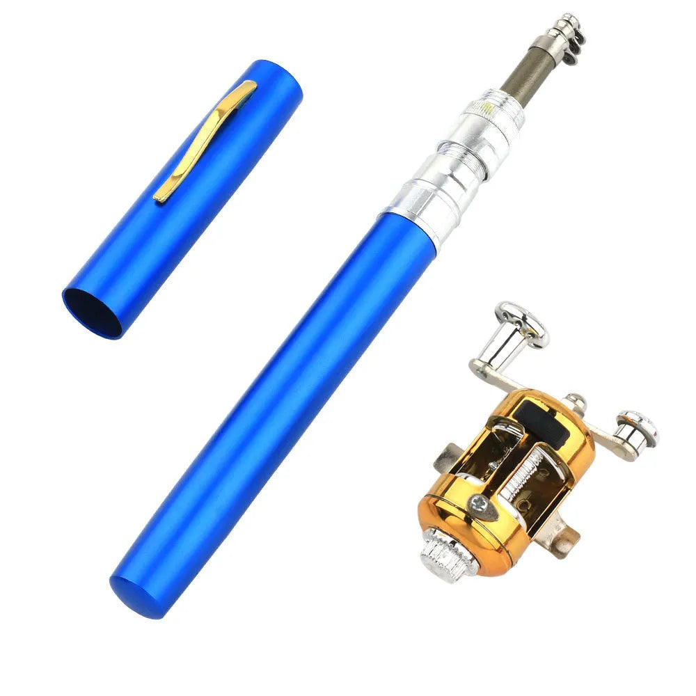Gold portable telescopic pocket fishing rod extended next to its small aluminium alloy storage case.
