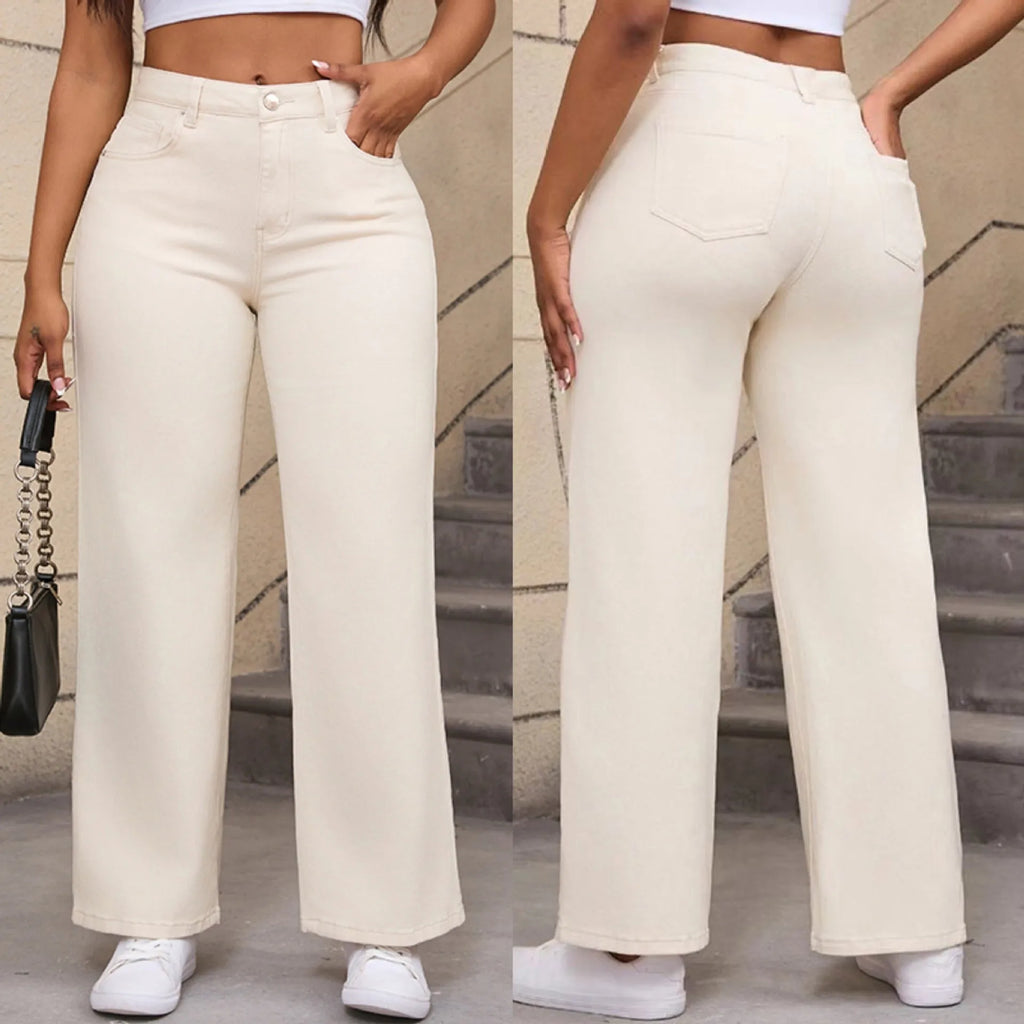 Women's straight leg jeans in wide fit with high waist, available in apricot and khaki colours