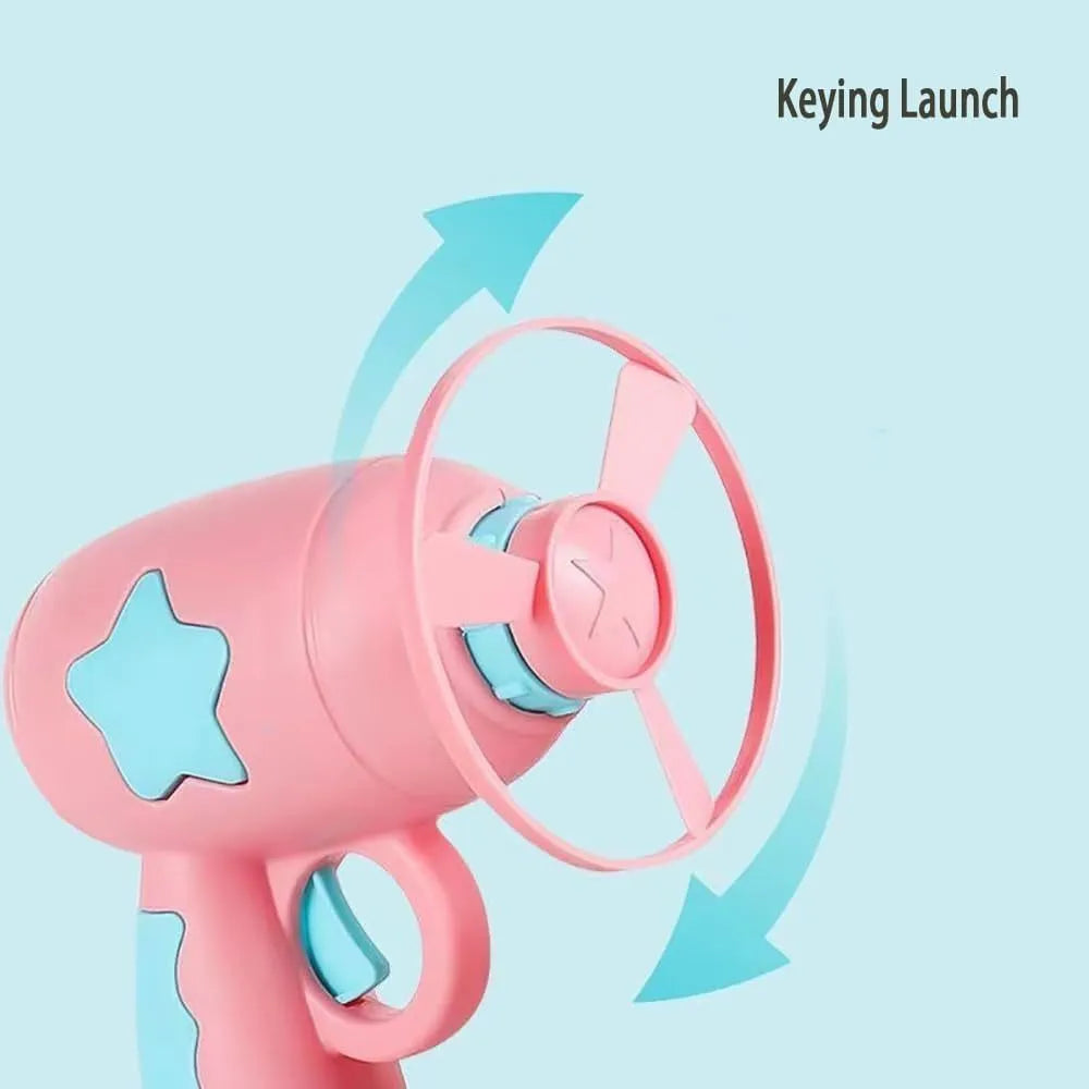 Blue plastic cat toy gun with frisbee launcher for indoor cats on white background