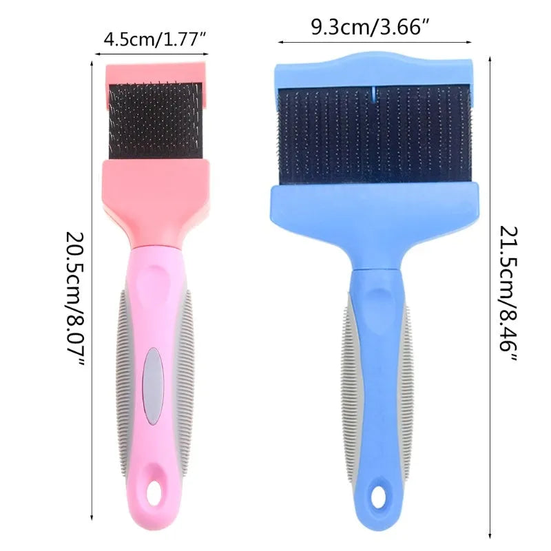Blue double-sided pet brush showing stainless steel pins on one side and firm bristles on the other.