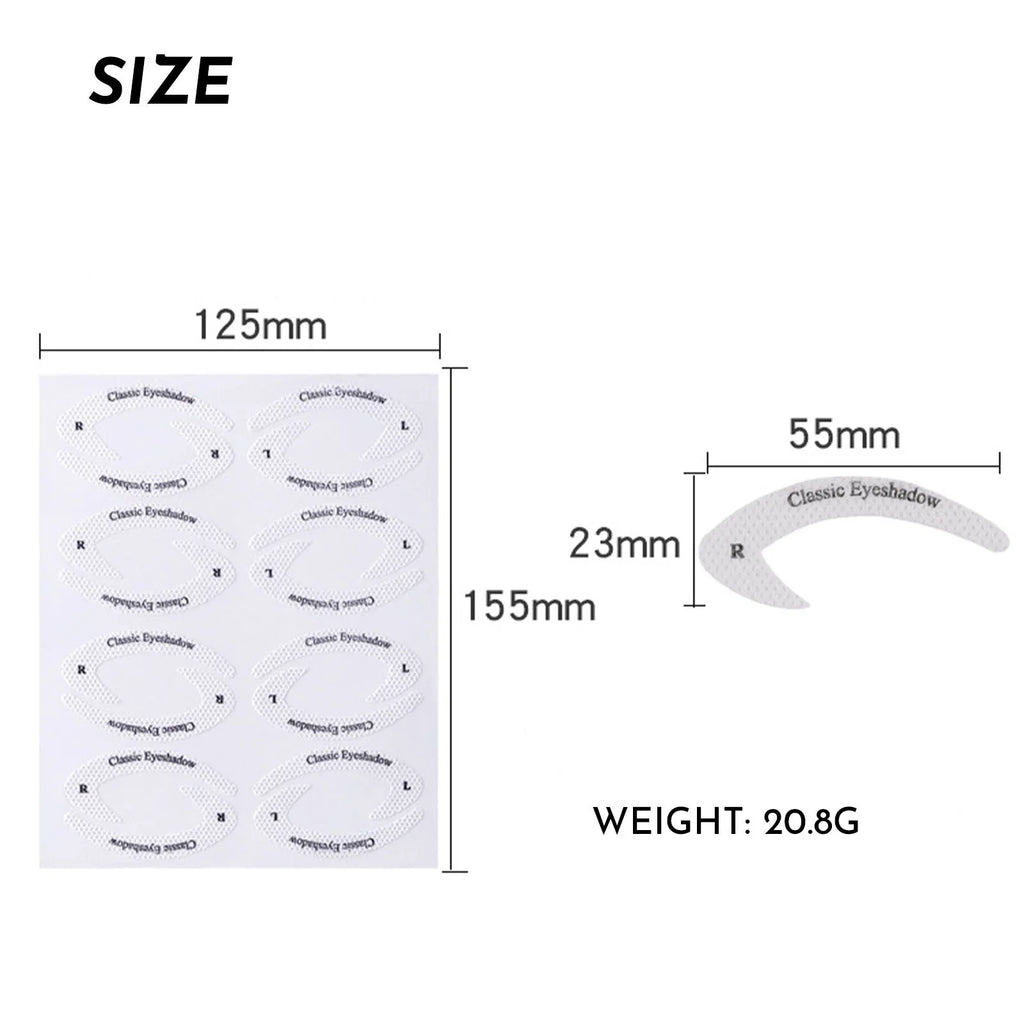Set of four reusable flexible eyeliner and eyeshadow makeup stencil stickers on a pink background.