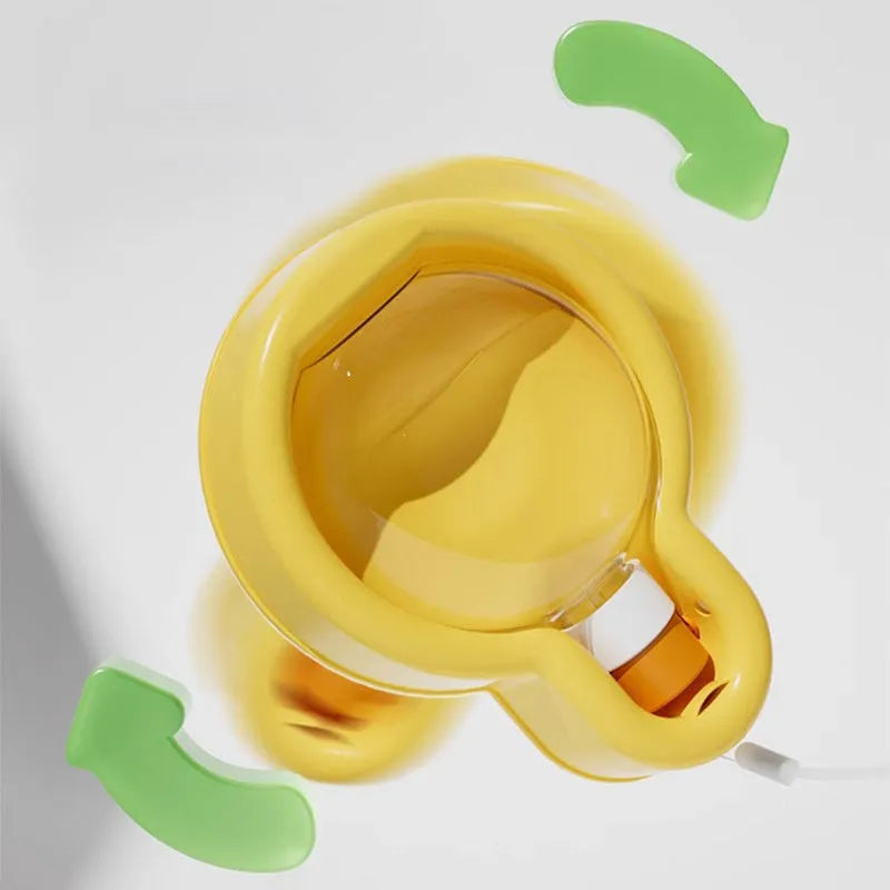 Green portable dog water bottle with pull-out bowl, shown next to orange and yellow versions.