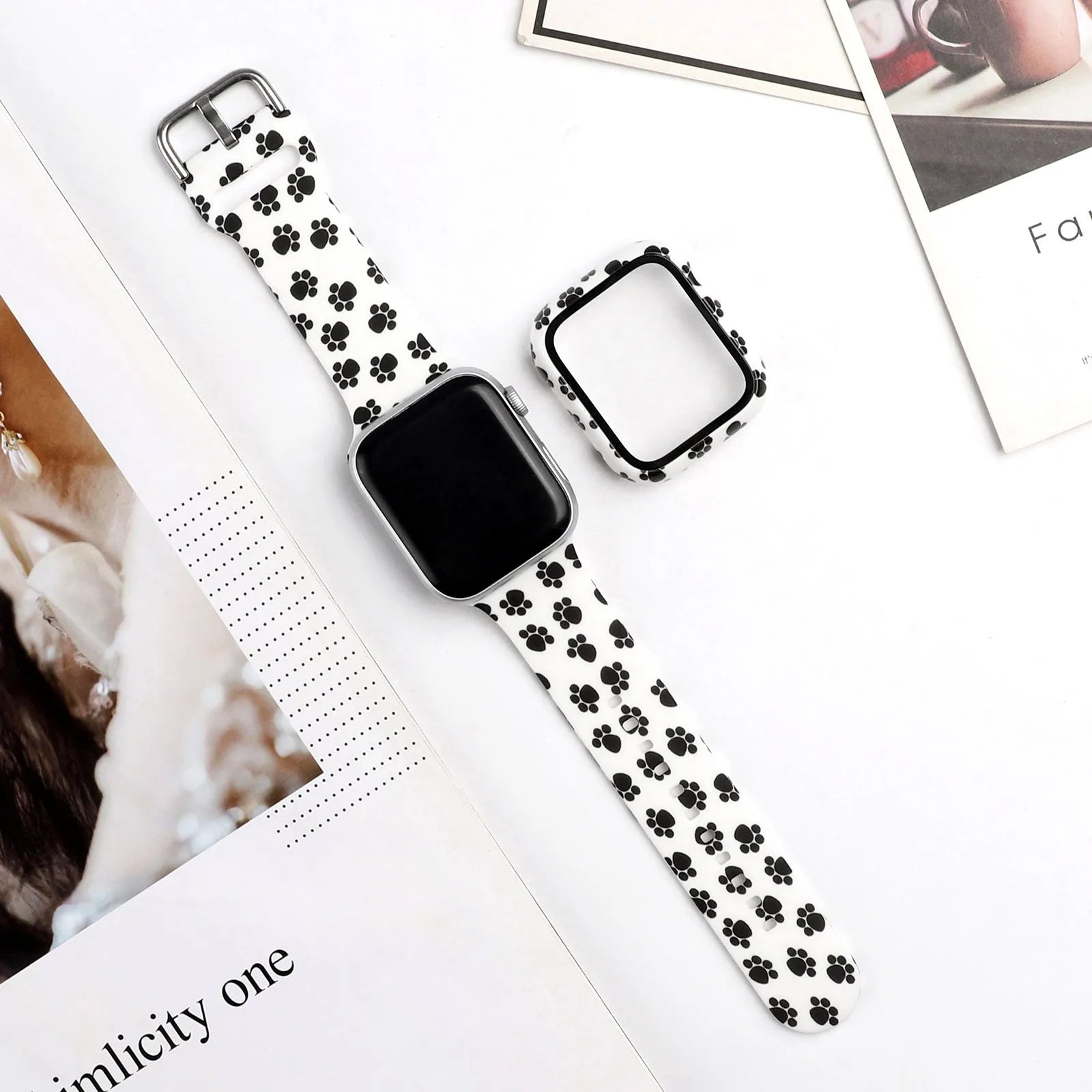 Printed fashion silicone replacement strap for Apple Watch showing multiple design options and 38mm 40mm 42mm 44mm size compatibility.