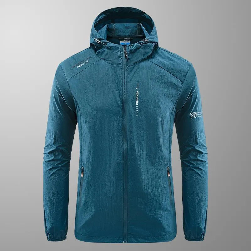 Men's lightweight nylon hooded jacket in light grey colour for summer outdoor sun protection