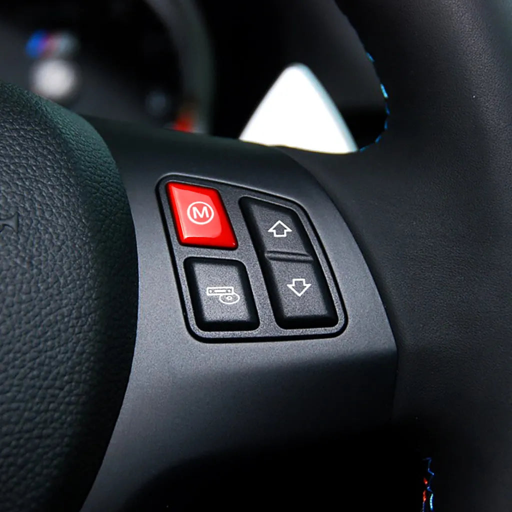 Pair of red and pair of blue M1 M2 replacement buttons for BMW F30 F34 steering wheel.