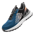 Blue men's safety work shoes with plastic toe cap and mesh upper