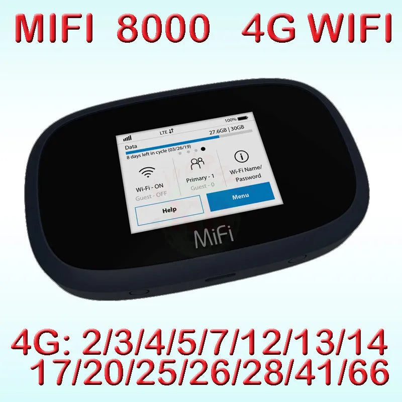 Black MiFi8000 portable 4G wireless router with battery and cable.