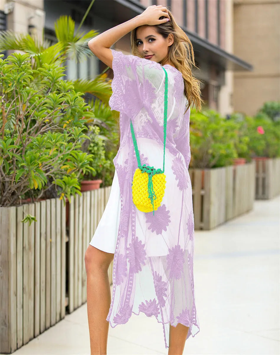 Light purple lace-embroidered beach cover-up dress for women, free size swimwear outerwear