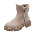Women's black faux suede high-top snow boots with thick plush lining and a side zipper