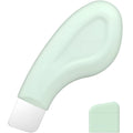 Green stainless steel facial pore scraper tool with a non-slip handle.