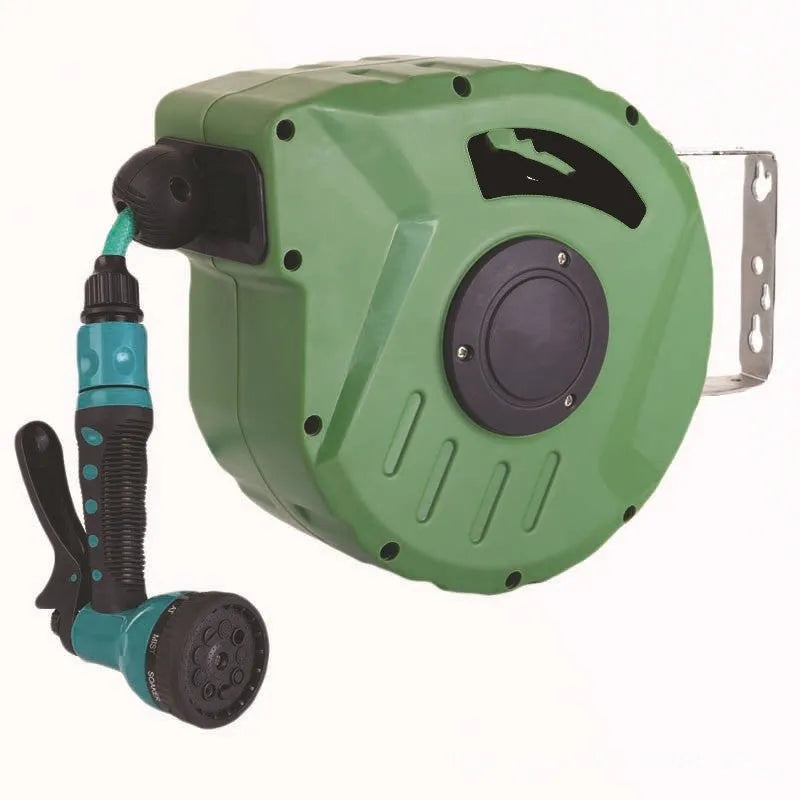 Automatic retractable hose reel with 10 metre PVC water pipe in compact 30.5 cm water drum for car washing
