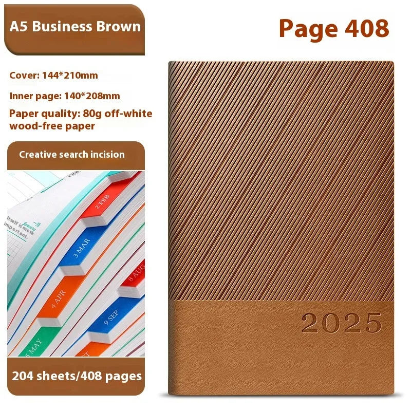 A5 striped PU leather business notepad open on a desk, showing thickened paper, available in eight colours.
