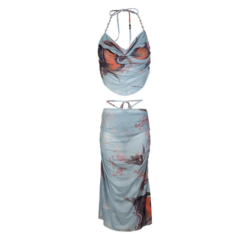Blue women's three-piece bikini with diamond chain split design and backless briefs