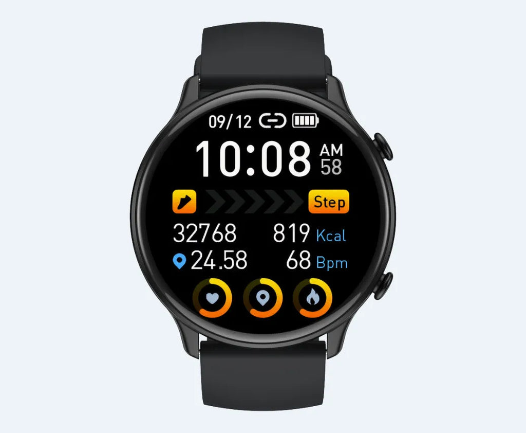 Round smart sports watch with touch screen showing heart rate monitoring display