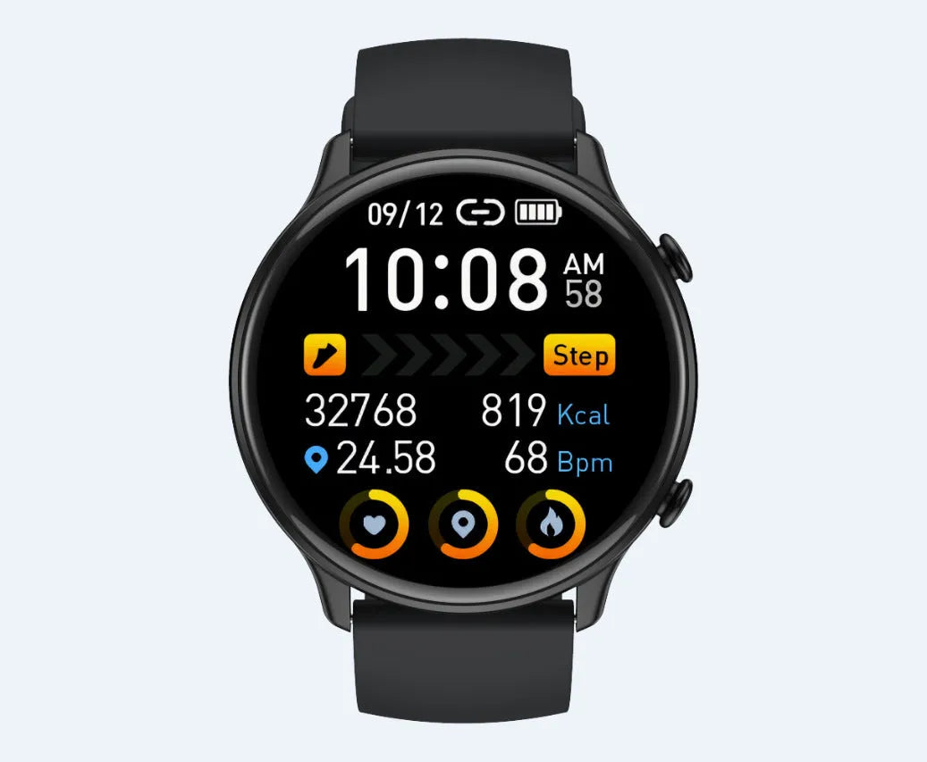 Round smart sports watch with touch screen showing heart rate monitoring display