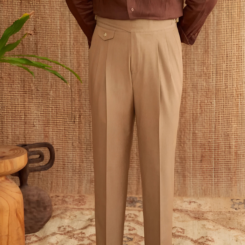 Men's slim fit straight leg business trousers in dark grey, light brown, or light apricot colours