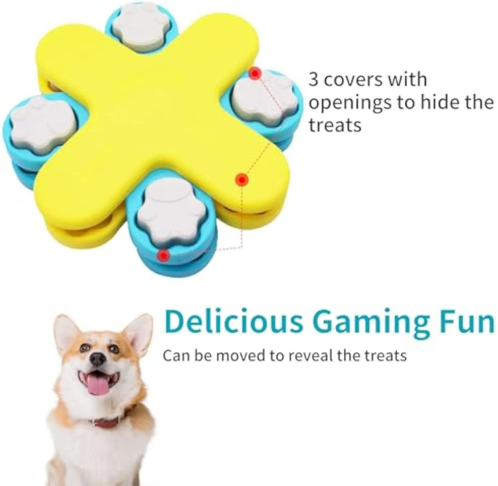 Yellow three-layer rotating dog puzzle feeder with claw-shaped lids on anti-slip base