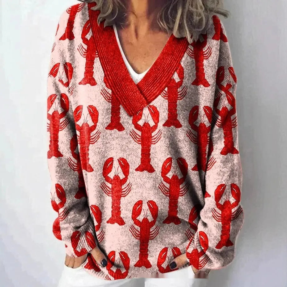 Women's V-neck floral print sweatshirt with 3D pattern and long sleeves