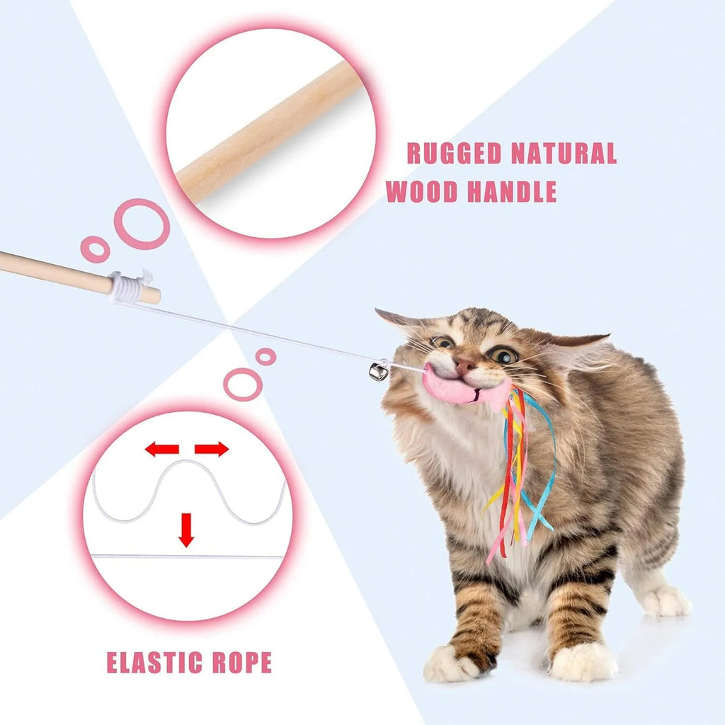 Wooden handle cat wand toy with catnip fish, colourful ribbons and bell attachment