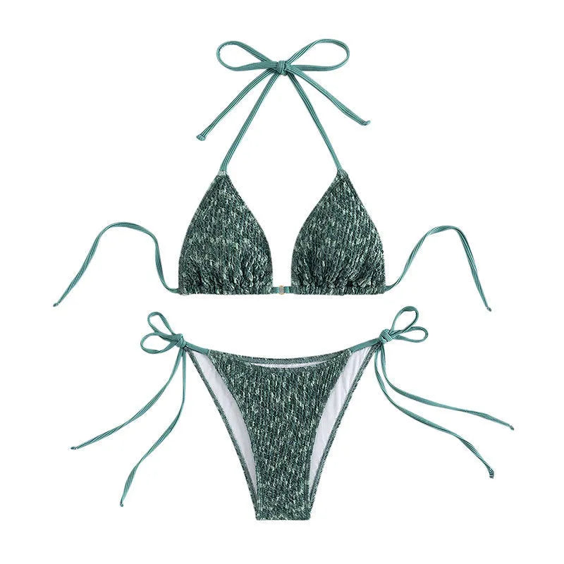 Green women's backless halter swimsuit bikini set with matching shorts